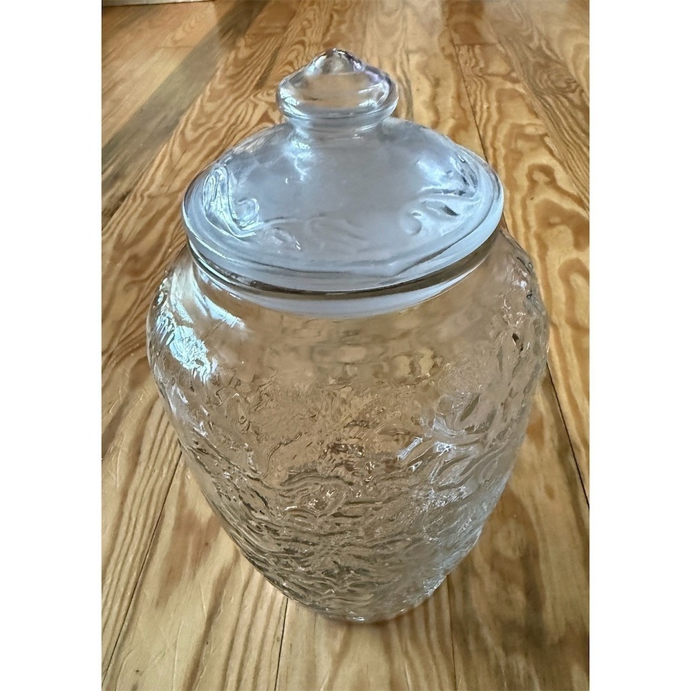 Princess House Fantasia Clear Pressed Glass Canister Jar w Lid Floral retired 8"